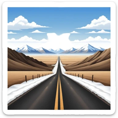 A long straight dirt road that disappears into the horizon half way up the screen from the perspective of someone sitting in the middle of the road looking down it. Flat snow fields on both sides of the road with huge looming mountains above the roads horizon line. sticker