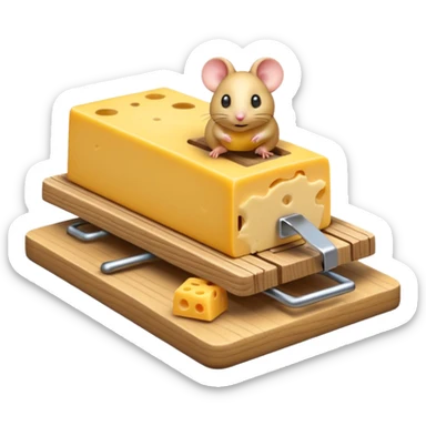 A 3D emoji in iOS emoji aesthetic style of a small mousetrap on a wooden base with a tiny gray mouse approaching a small piece of yellow cheese on it, minimal white background, bright lighting, clean and glossy Apple-style design sticker