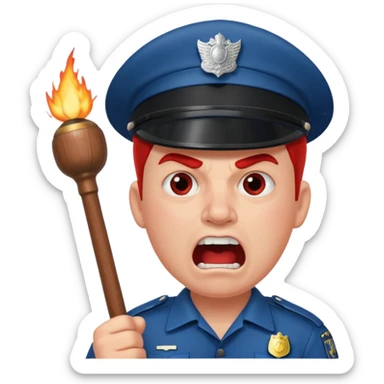 An angry British policeman with a baton in his hands shouts sticker