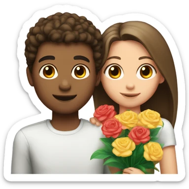 a boy with light skin and brown hair gives flowers to a brunette with light skin sticker