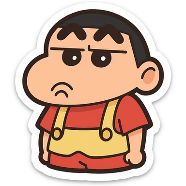 Shinchan cartoon style emoji sticker, pouting expression, iconic black hair, red shorts, yellow overalls, simple solid or gradient background, 500x500px, transparent PNG, optional brief text description sticker