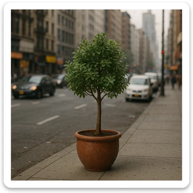 a small tree in a pot, placed on a sidewalk near a busy street, with a sense of solitude and urban busyness, detailed urban background, realistic style sticker