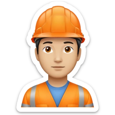 Man of Chinese appearance wearing an orange safety helmet sticker