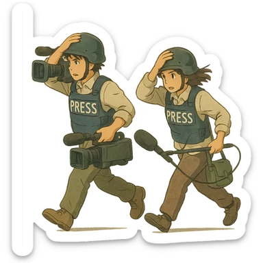  walking from left to right across frame: a cameraman, and a microphone operator, ONLY two people, war correspondents, tense moment, BOTH HOLDING ONTO THEIR HAT! sticker