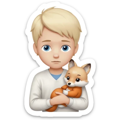 Light blonde,Shy , cute ,young Boy emoji, blue eyes, blushing, looking down, sad, white clothes, with a Small plush fox in the arm sticker