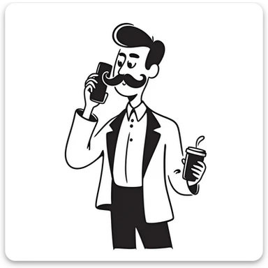 Wall Street finance bro with ridiculous oversized mustache, wearing expensive suit, holding phone and coffee sticker