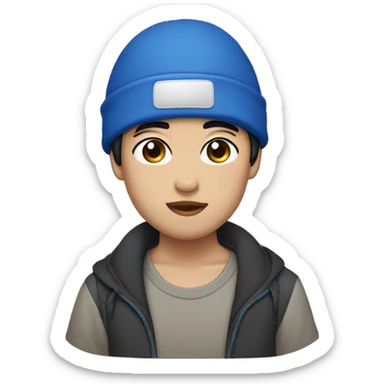 black short hair, black eyes wearing blue beanie, asian sticker