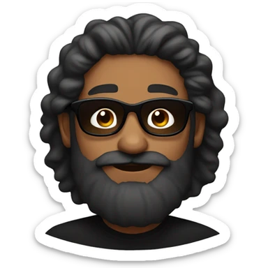 Brown man, with Big long size beard, log hair and black  sun glases and black tshirt sticker