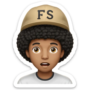 young black male with afro hair, surprised, wearing a cap with 'FS' logo sticker