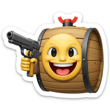 Yellow laughing face pointing gun at its own mount. The barrel of the gun is pointed towards the smile into the mouth sticker