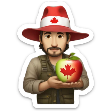 Justin Trudo with Canadian flag big hat, keep in one hand an apple which hi is bite, and in another hand he keep analog vera lofe sticker