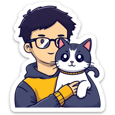 A young man with a long face and warm yellow-toned skin, black hair, wearing a pair of black glasses, cradling a grayish-white cat sticker