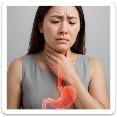 Realistic medical style image of a woman identical to the reference photo, hand on throat, expression of discomfort, with a glowing or reddish effect rising from the stomach to the esophagus. sticker