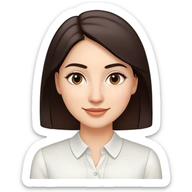 Young woman in her 30s with light skin, oval face, soft features, large dark brown eyes, medium eyebrows, small nose, friendly smile, long straight dark brown hair, wearing a white elegant blouse sticker