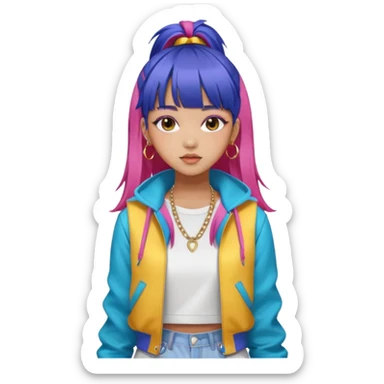 Portrait of a young female K-pop idol, wearing a stylish streetwear outfit with layered clothing and bold accessories, colorful dyed hair with bangs, confident expression, soft lighting, front-facing, energetic and glamorous vibe sticker