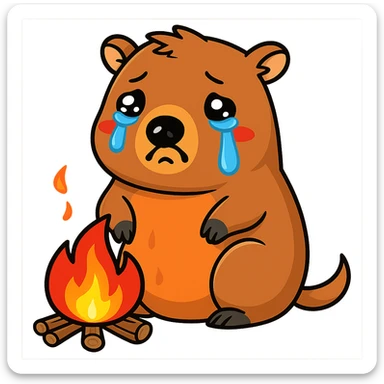 crying capybara, a fire around, sticker style sticker