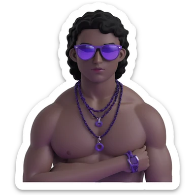 shirtless male athlete with white skin and moderately curly black hair on top with shaved sides, wearing purple sunglasses with very dark heavily tinted black lenses that completely hide the eyes, and a plain black chain necklace sticker