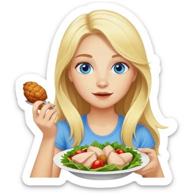 blonde girl with long hair and blue eyes eats salad and eats chicken sticker
