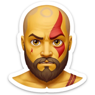 yellow emoji version of Kratos, round yellow face, signature red tattoo, beard, intense eyes, classic emoji look sticker