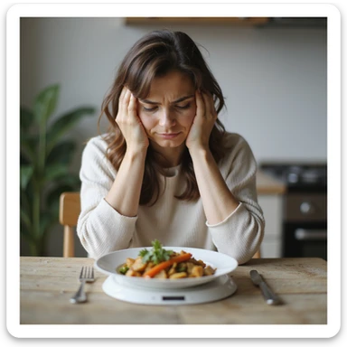 adult woman, photorealistic, diet not working, frustrated expression, sitting at table with food scale and healthy food, looking at plate with disappointment, natural light, kitchen background sticker