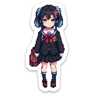 Japanese anime schoolgirl in pixel art style sticker