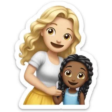 An emoji of a blonde mother with very long hair and a cheerful expression, standing next to her 3-year-old daughter, a small girl with black hair styled in two braids, both smiling happily together sticker