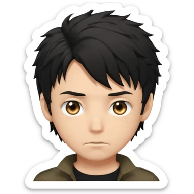 White male, black messy anime hair in his eyes, black shirt, black hunter eyes, hot  sticker