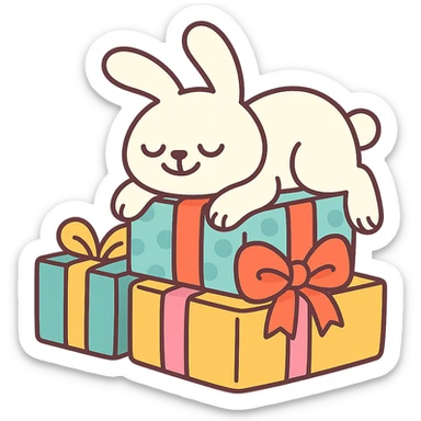 bunny lying on birthday gifts, sleepy and happy smile eyes, pastel-toon style sticker