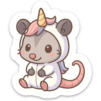 cute cartoon possum dressed up like a unicorn, chibi stickers style sticker