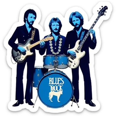 Icon for Blues Rock: collage of the band Cream, with silhouettes of the members (Eric Clapton, Jack Bruce, Ginger Baker) and symbolic items like guitars, drums, and bass. The design should convey the powerful, energetic vibe of the band's music. Transparent background. sticker