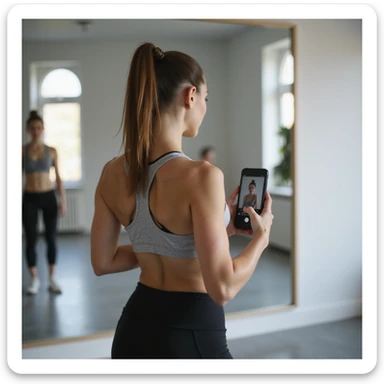 young woman in sportswear, back pose with tied hair, doing video check with smartphone for coach, bright room with large mirror, hyperrealistic details, 4K sticker