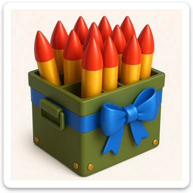 A big long military box filled with long war rockets with a blue ribbon, 3D emoji style sticker