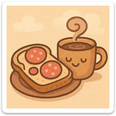 cartoon style breakfast: salami bread and coffee, cheerful, minimal background sticker