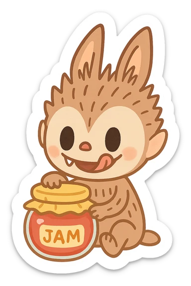 Labubu sitting with a jar of jam, licking lips, adorable cartoon style sticker
