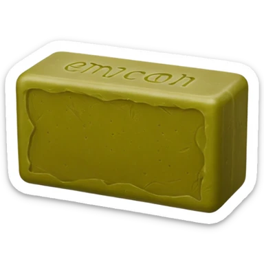 solid rectangular or cube-shaped soap block in warm olive green or brownish tones, matte rustic texture, slightly irregular edges, subtle embossed seal or stamp on surface, no foam or packaging, soft lighting, subtle shadows, emoji scale sticker