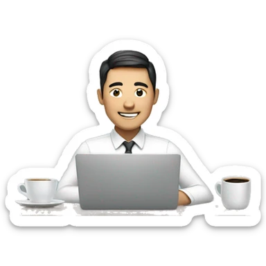 a Asian man, smile, glass, working with laptop in front, a cup of coffee on desk sticker