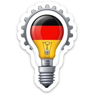 single emoji symbolizing German modernization in the 1970s with gears, lightbulb, and a small German flag, minimal details sticker