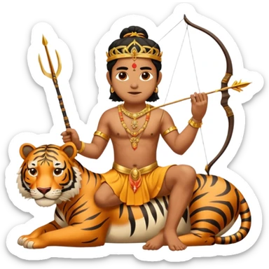 Ayyappa sitting on tiger with bow and arrow and wearing a gold and king dress sticker
