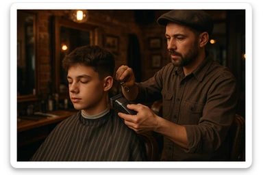 sartaroshxonada ishlayotgan o'smirin bola soch olayapti sticker