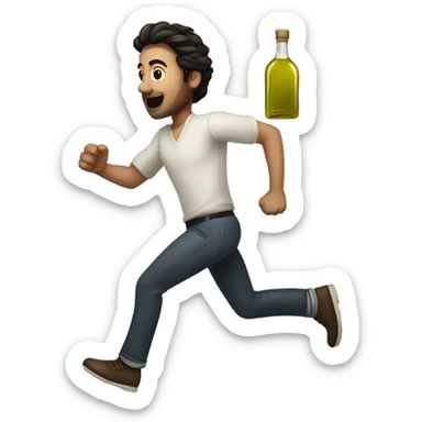 A white man with dark hair running with an olive oil bottle in hand sticker