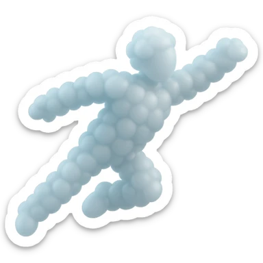 a person flying, entirely made of small very white fluffy convex clouds, minimalist style, matte glass sticker