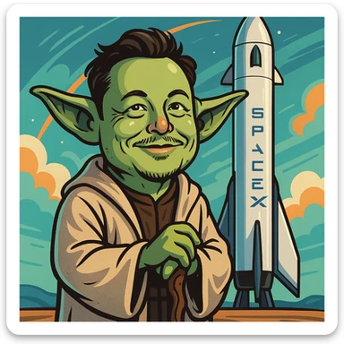 Yoda with Elon Musk's face, standing next to a rocket, blending Star Wars and SpaceX themes, clever and fun style sticker