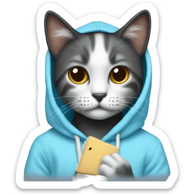 Cat wearing baby blue hoodie and a black MacBook sticker