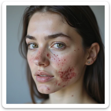 young adult woman with PCOS, face with evident cystic acne on chin and jawline, dark facial hair on upper lip and chin (hirsutism), thinning hair on temples, thick eyebrows, realistic hyperrealistic 4K details, clinical environment sticker