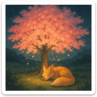Fox spirit sleeping under a glowing sakura tree. sticker