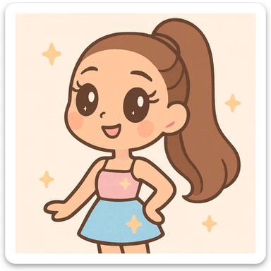 Ariana Grande as a cute cartoon character with signature high ponytail, glamorous makeup, sparkling outfit, pop star vibe sticker