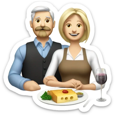 Repas raclette et deux verres de vin blanc en couple 50 ans, femme blonde cheveux aux-dessus des épaules homme petite barbe et moustache grisonnantes et cheveux bruns sticker