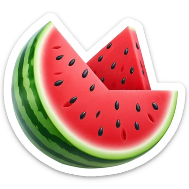 Cinematic juicy watermelon, thick slices revealing vibrant red interior, glossy and glistening with tiny black seeds, fresh and refreshing, soft glowing background, summer vibes. sticker