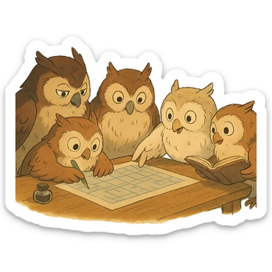 ghibli style several owls gathered around a table, working as a team sticker