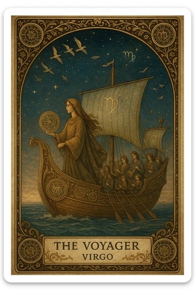Create a Tarot card titled "The Voyager – Virgo" featuring a serene Virgo figure traveling on a majestic ship across a starlit sea. The Virgo appears graceful and introspective, wearing flowing earth-toned robes embroidered with fine constellations and botanical patterns. She holds a celestial map or astrolabe, symbolizing wisdom and direction. The ship is ornately carved with zodiac motifs, arcane symbols, and detailed woodwork representing elements of nature and time. Birds soar overhead in elegant formation, symbolizing spiritual guidance, while a group of musicians onboard plays harps, flutes, and lyres—each instrument etched with runes and celestial glyphs. Surrounding the card’s border are elaborate vine patterns, miniature zodiac wheels, and golden filigree that shimmer with ethereal light. The background should feature a richly textured twilight sky with layered stars, subtle planetary alignments, and faint Virgo glyphs woven into the sails and horizon. The overall composition should evoke mystery, harmony, and divine purpose, blending traditional Tarot symbolism with intricate artistic craftsmanship sticker